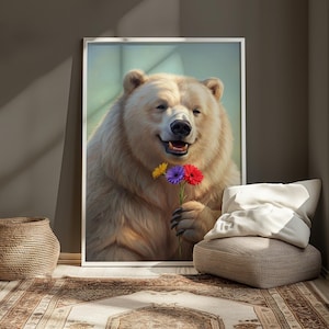 Arte mural de oso sonriente con flores – Impresión de animal adorable – Póster de naturaleza caprichosa – Decoración infantil de oso feliz – Descarga digital