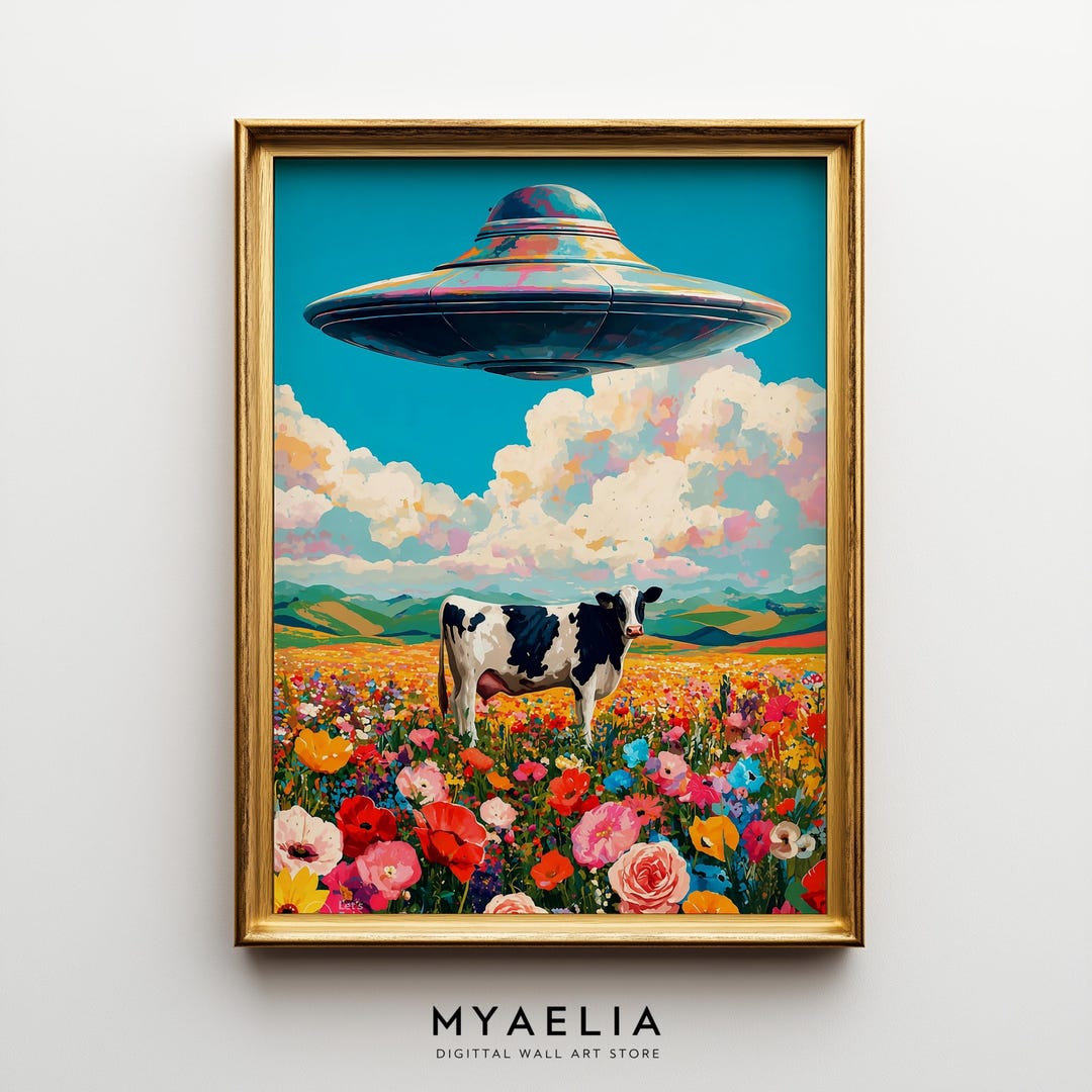 Retro UFO Abduction Poster, Alien Cow Wall Art, Psychedelic Surreal ...