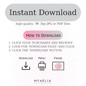 K&ouml;nnte beinhalten: Grafik zum Herunterladen digitaler Kunst mit dem Text "Sofortiger Download". Anweisungen zum Herunterladen der Dateien sind enthalten. Das Bild enth&auml;lt auch Symbole f&uuml;r Download, Druck und Rahmen sowie das Logo des Shops.
