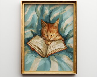 Ginger Cat Reading Book Art Print, Whimsical Animal Wall Decor
