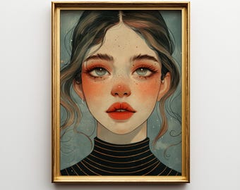 Big Eyes Surreal Woman Art – Pop Surrealism Portrait Print, Emotional Female Illustration, Digital Download