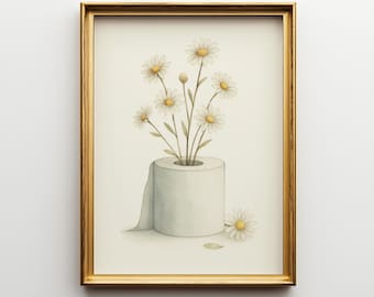 Arte de papel higiénico con margaritas / Decoración botánica para baño / Impresión de pared minimalista en acuarela, descarga digital