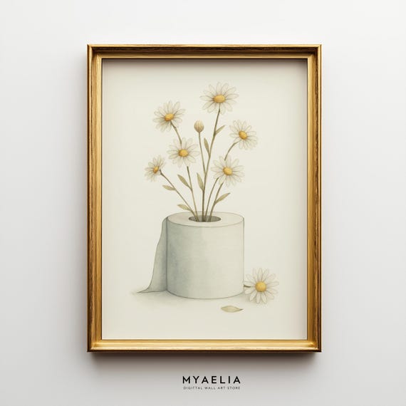 Daisy Toilet Paper Art | Botanical Bathroom Decor | Minimalist Watercolor Wall Print Digital Download