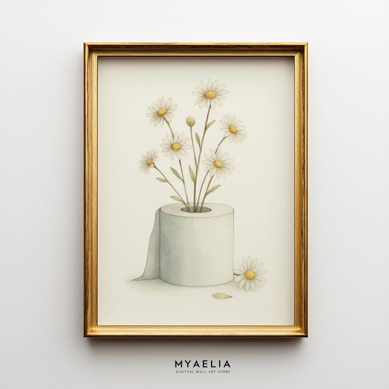 Daisy Toilet Paper Art | Botanical Bathroom Decor | Minimalist Watercolor Wall Print Digital Download
