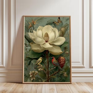 Magnolia Flower Botanical Wall Art with Birds, Exotic Floral Print, Tropical Jungle Decor, Victorian Nature Digital Print