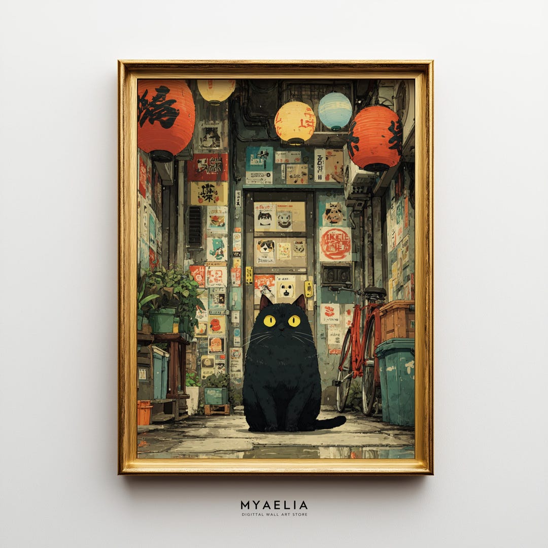Japanese Black Cat Wall Art – Vintage Style Cat Illustration, Asian ...