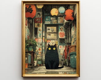 Japanese Black Cat Print – Vintage Style Alley Art (Digital Download)
