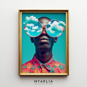May include: A framed digital art print featuring a person wearing large pink sunglasses reflecting a sky with clouds. The person is wearing a red and orange floral shirt. The frame is gold. The text "MYAELIA DIGITAL WALL ART STORE" is at the bottom.