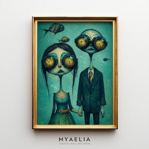 May include: A framed digital art print featuring two elongated figures with large, clock-like eyes, holding hands. The figures are set against a teal background with fish illustrations. The artwork is framed in a gold-colored frame. The text "MYAELIA DIGITALL WALL ART STORE" is at the bottom.