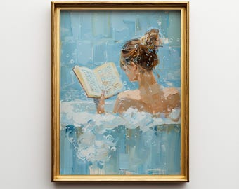 Bad lesende Frau Kunstdruck | Blaues Badezimmer Dekor (Digitaler Download)