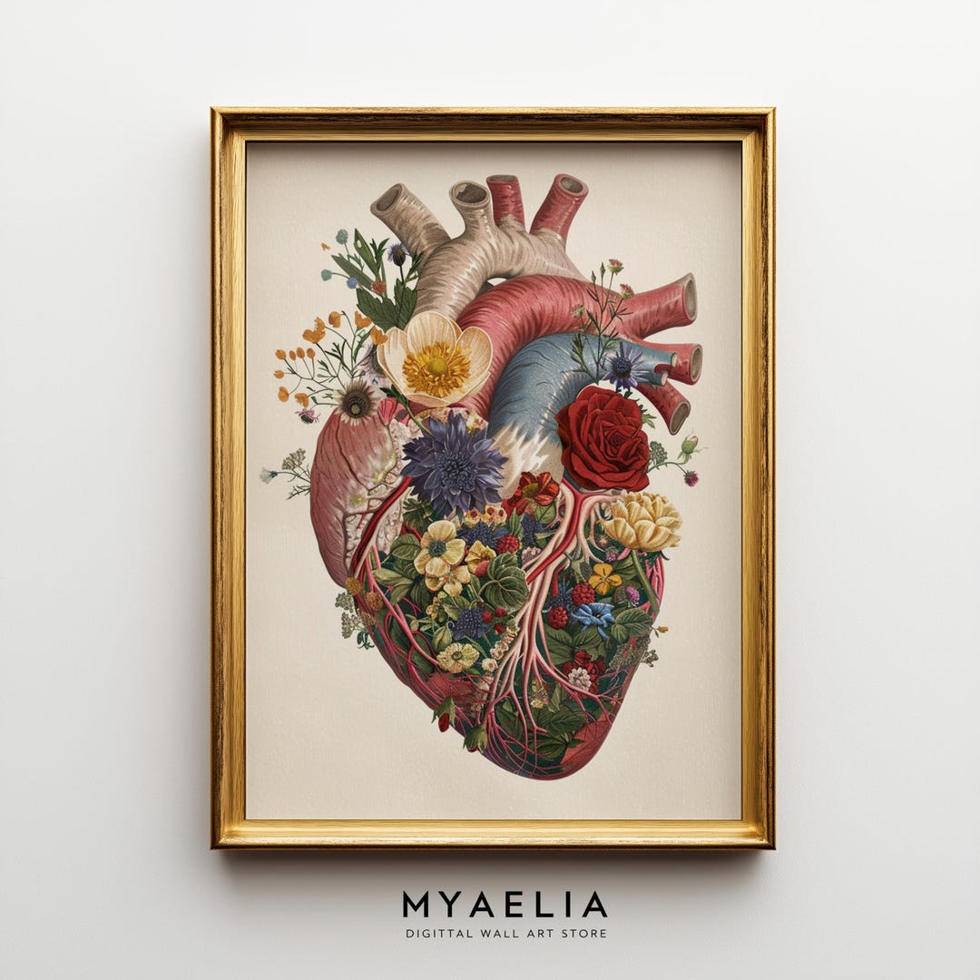 Floral Anatomical Heart Wall Art – Botanical Medical Illustration Print ...