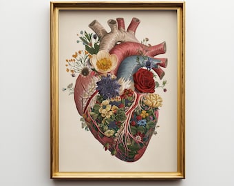 Floral Anatomical Heart Wall Art – Botanical Medical Illustration Print