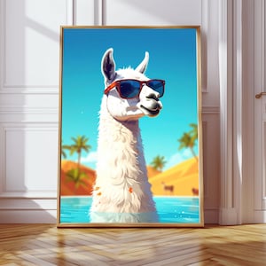 Quirky Beach Llama Wall Art: Cool Summer Drama Queen Plakat do Tropikalnych Wystrojów i Zabawnych Klimatów Zwierząt, Sztuka Zwierząt, Zabawny Bar, Wystrój Kuchni