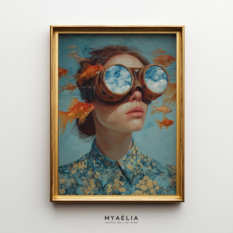 Surreal Goldfish Girl Art Print: Whimsical Dream Portrait (digital ...