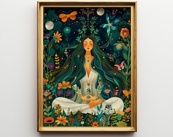 Sacred Nature Goddess Wall Art, Divine Feminine Botanical Print | Spiritual Boho Meditation Poster