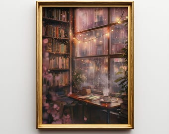Cozy Reading Nook Art Print – Autumn Book Lover Wall Decor with Coffee & Books