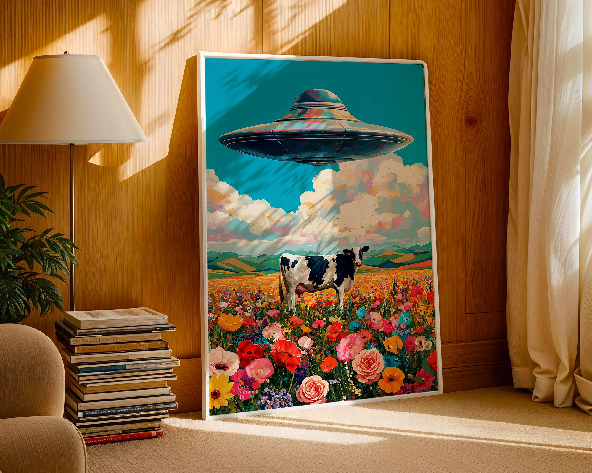Retro UFO Abduction Poster, Alien Cow Wall Art, Psychedelic Surreal ...