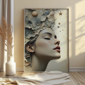 Surrealistyczny portret kobiety na ścianę - Teksturowany nadruk na głowę galaktyki - Nowoczesny plakat kobiecego umysłu, cyfrowy modny plakat ścienny