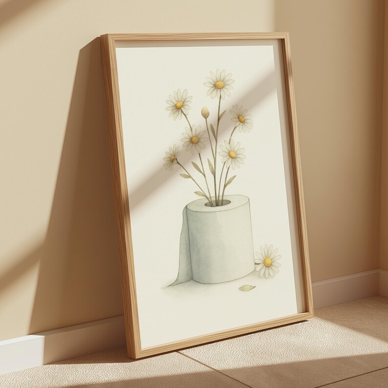 Daisy Toilet Paper Art | Botanical Bathroom Decor | Minimalist Watercolor Wall Print Digital Download