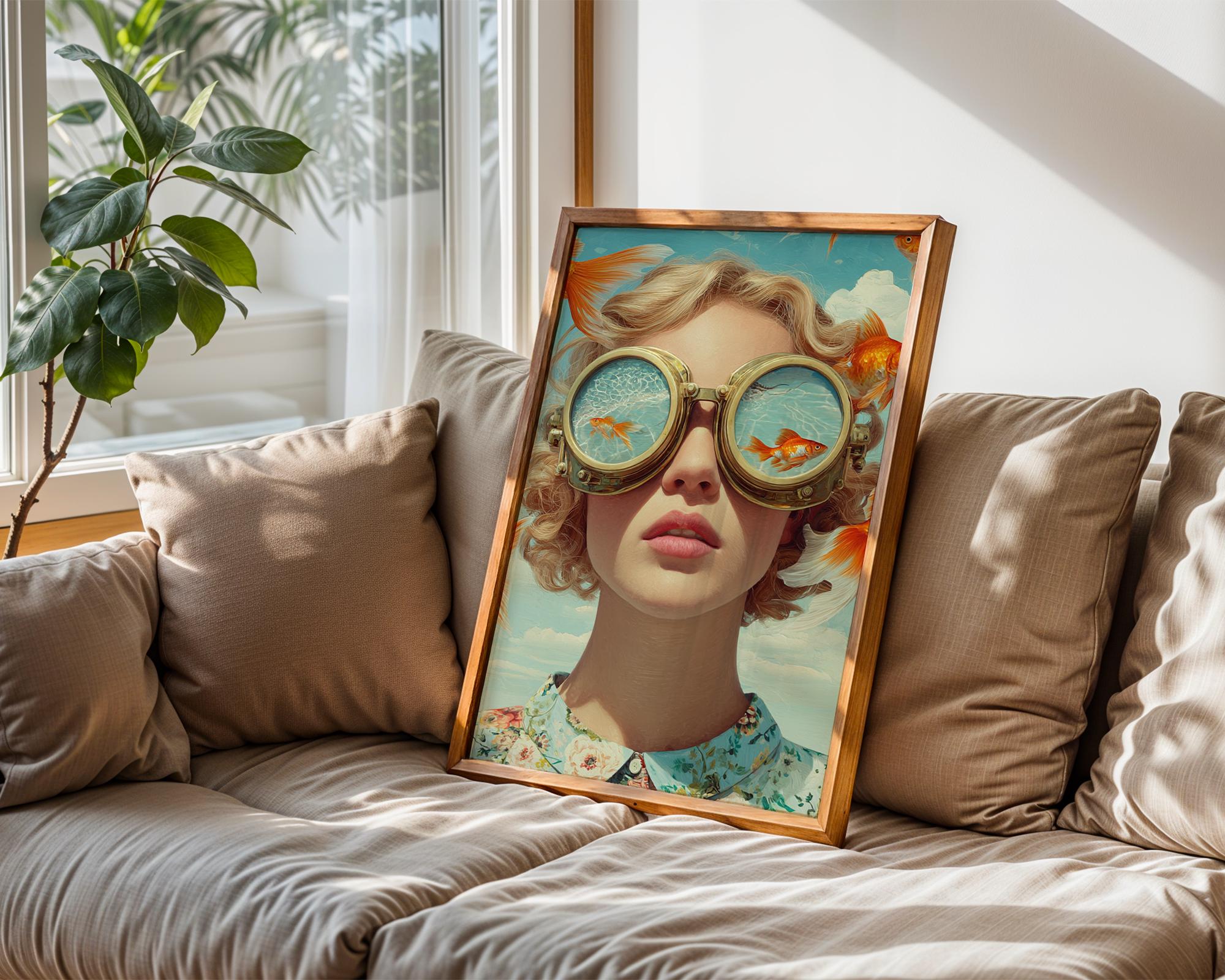 Surreal Goldfish Girl Poster – Whimsical Surrealist Portrait Wall Art ...