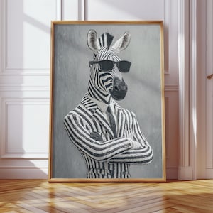 Cool Zebra in Suit Poster – Funny Animal Wall Art | Surreal Anthropomorphic Illustration | Black & White Digital Print | Downloadable