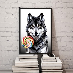 Humorous Wolf Portrait with Lollipop - Modern Digital Illustration for Wall Decor, Printable Art