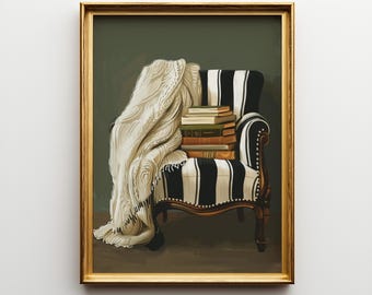 Gemütlicher Sessel Lesekunst | Hygge Buch Ecke Dekor | Vintage Buchliebhaber Digital Download