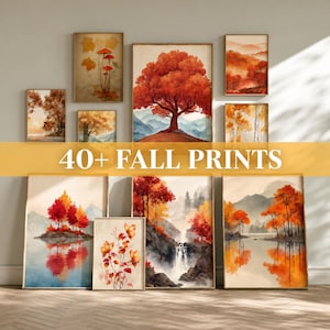 May include: A collection of framed wall art prints featuring autumn landscapes, trees with orange and red foliage, mountains, waterfalls, and botanical illustrations. The central text overlay reads 40+ FALL PRINTS in white capital letters.