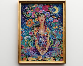 Divine Feminine Wall Art | Spiritual Goddess Print | Bohemian Meditation Poster