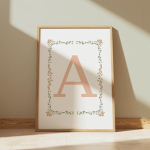 Vintage Floral Monogram Print – Custom Peach Initial Wall Art, Girl Room or Nursery Decor, Personalized Letter Poster Download