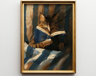 Cat Reading Poster – Cozy Bedroom Illustration, Whimsical Book Lover Gift