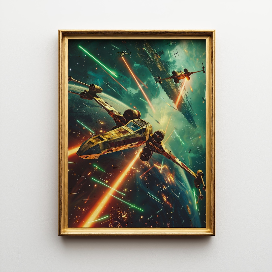 Star Wars Space Battle Print | X-wing Starfighter Poster | Sci-fi Movie ...