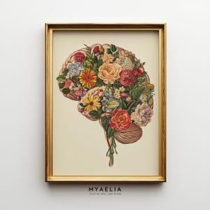 Puede incluir: Impresión artística enmarcada que presenta una ilustración detallada de un cerebro humano lleno de flores coloridas. La obra de arte está sobre un fondo crema y enmarcada en un marco dorado. La impresión incluye el texto "MYAELIA DIGITAL WALL ART STORE".