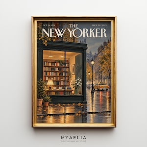 Puede incluir: Una lámina de arte enmarcada de una portada de la revista The New Yorker del 26 de octubre de 1974. La ilustración muestra el escaparate de una librería con marcos oscuros y un gran ventanal con estanterías de libros, una lámpara y plantas.