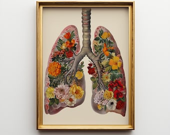 Lámina artística de pulmones florales – Decoración de pared de anatomía botánica, póster de ilustración médica vintage