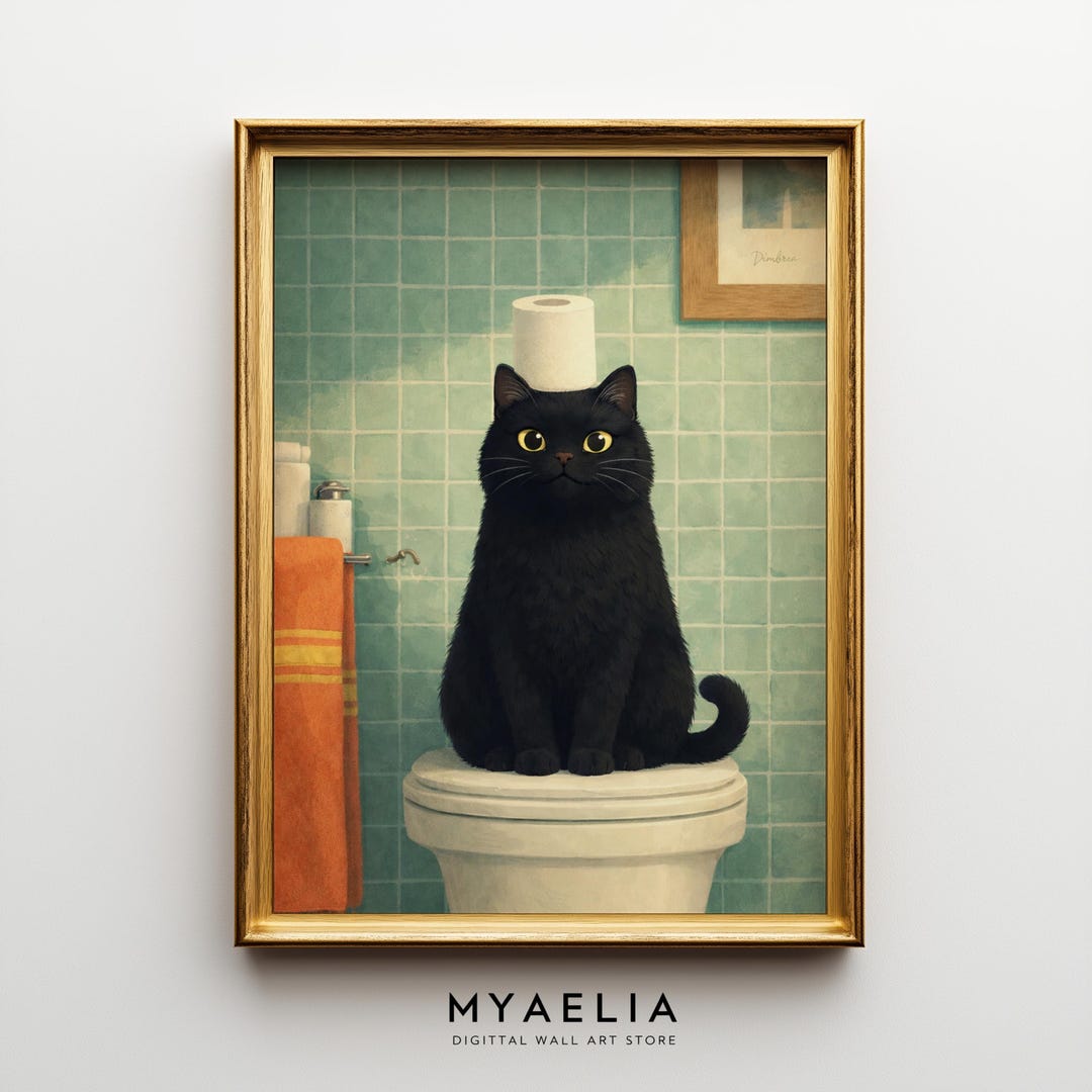 Black Cat Toilet Paper Poster, Vintage Bathroom Wall Art Print, Animal ...