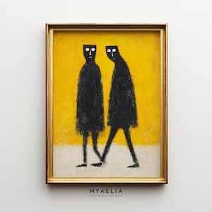 Puede incluir: Una impresión artística enmarcada que presenta dos figuras negras caminando sobre un fondo amarillo y blanco. Las figuras tienen rasgos sencillos y estilizados. La obra de arte está en un marco dorado y está firmada "MYAELIA DIGITAL WALL ART STORE".