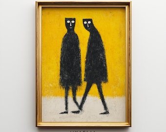 Op de afbeelding: Een ingelijste kunstdruk met twee gestileerde zwarte figuren met witte ogen tegen een levendige gele achtergrond en een wit onderste gedeelte. De tekst MYAELIA DIGITAL WALL ART STORE staat in het zwart onderaan de lijst gedrukt.