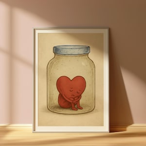 Melancholisches Herz im Glas, Wandkunst, emotionale Self-Care Digitaldruck, Poster für psychische Gesundheit, trauriges süßes Herz Illustration