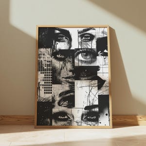 Black and White Female Eyes Collage Art, Grunge Portrait Abstract Poster, Edgy Urban Modern Wall Art Print, Digital Download