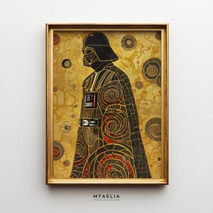以下が含まれることがあります： ダース・ベイダーの横顔を描いた額装アートワーク。モザイク風の様式化されたデザインです。ゴールド、ブラック、レッドの色使いで、渦巻き模様が特徴です。フレームは金色です。「MYAELIA DIGITAL WALL ART STORE」の文字が下部にあります。