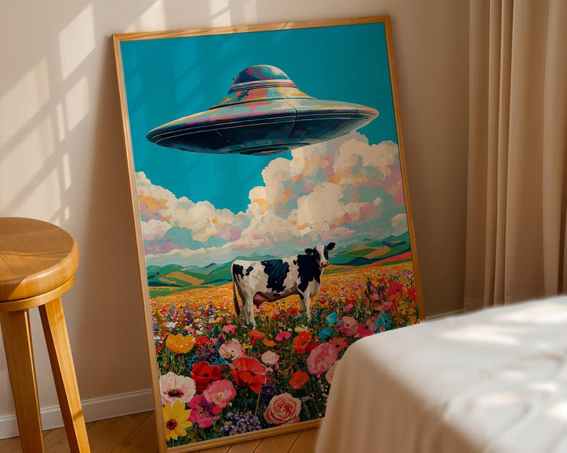 Retro UFO Abduction Poster, Alien Cow Wall Art, Psychedelic Surreal ...