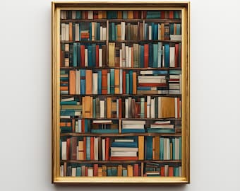Vintage Bookshelf Print, Retro Library Wall Art (Digital Download)