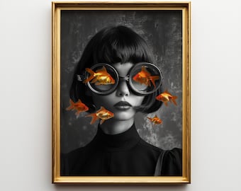 Surreal Goldfish Girl Print – Whimsical Fantasy Portrait Wall Art | Dreamy Digital Download