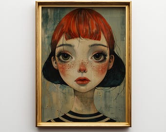 Big Eyes Surreal Portrait, Dreamy Woman Illustration, Modern Art Wall Decor, Printable Art