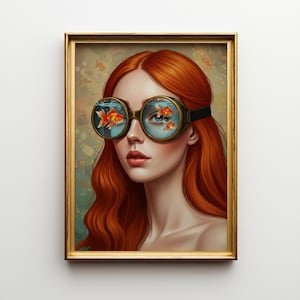 Puede incluir: Retrato enmarcado de una mujer con largo cabello rojo y piel clara. Lleva gafas de estilo steampunk con peces dorados nadando en las lentes. La obra de arte tiene una estética vintage con un marco dorado.