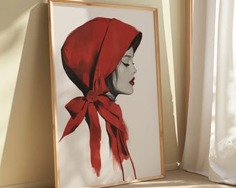 Red Headscarf Editorial Fashion Art Print – Vogue Style Woman Portrait