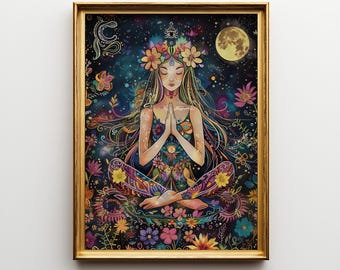 Goddess Meditation Art Print – Divine Feminine, Boho Celestial Decor (Digital Download)