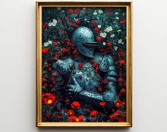 Fallen Knight Wall Art, Gothic Fantasy Armor Print, Romantic Medieval Wall Decor Digital Download