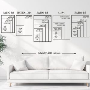 May include: A white sofa measuring 99 inches wide positioned below a wall display of black-outlined rectangular frames. The frames are labeled by ratios 3:4, 11x14, 2:3, A1-A4, and 4:5, with various dimensions listed in inches and centimeters inside each.
